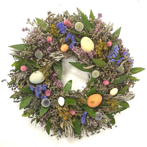 Easter Meadows Wreath - Creekside Farms Celebrate Easter with dried herbs and pretty flowers, sprinkled with realistic faux eggs 18"