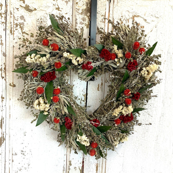 Elegant Heart Wreath - Creekside Farms Sweet mix of dried herbs, red florals, and fresh bay heart wreath 15"