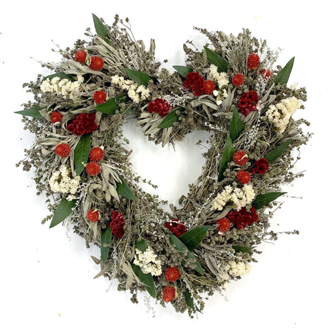 Elegant Heart Wreath - Creekside Farms Sweet mix of dried herbs, red florals, and fresh bay heart wreath 15"
