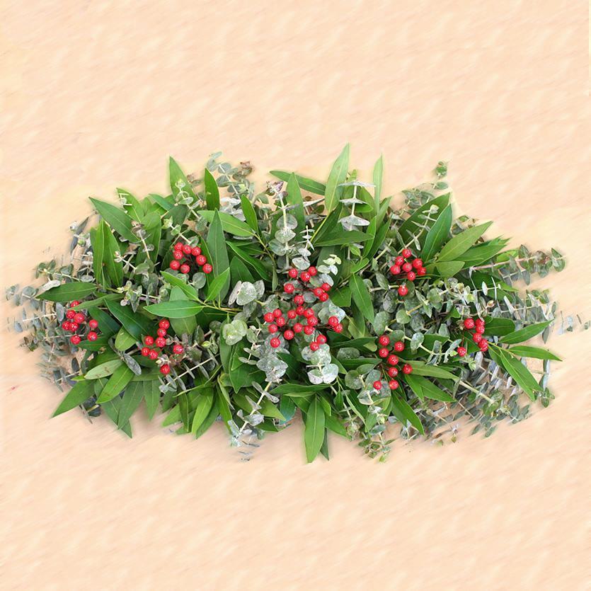 Eucalyptus Berry Centerpiece - Creekside Farms Stunning fresh bay, eucalyptus & California greens with faux pepperberrie centerpiece 23"x10"
