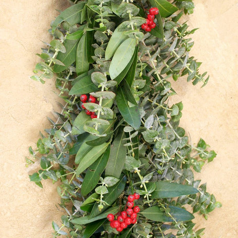 Eucalyptus Berry Garland 6' - Creekside Farms Lovely mix of California greens, eucalyptus & bay with faux berries garland 6'