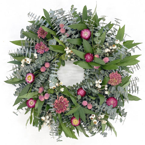 Eucalyptus Floral Wreath - Creekside Farms Fragrant eucalyptus and bay with dried zinnias, strawflowers and more wreath 16" & 20"
