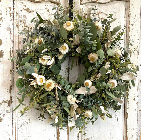 Eucalyptus Pearl Wreath - Creekside Farms Our classic Pearl Wreath with a gorgeous twist! Warmly decorated with white strawflowers on a bed of fresh eucalyptus wreath 16" & 20"