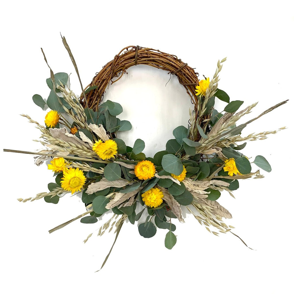 Eucalyptus Strawflower Wreath - Creekside Farms Beautiful combination of fresh eucalyptus and dried elements 18" Wreath