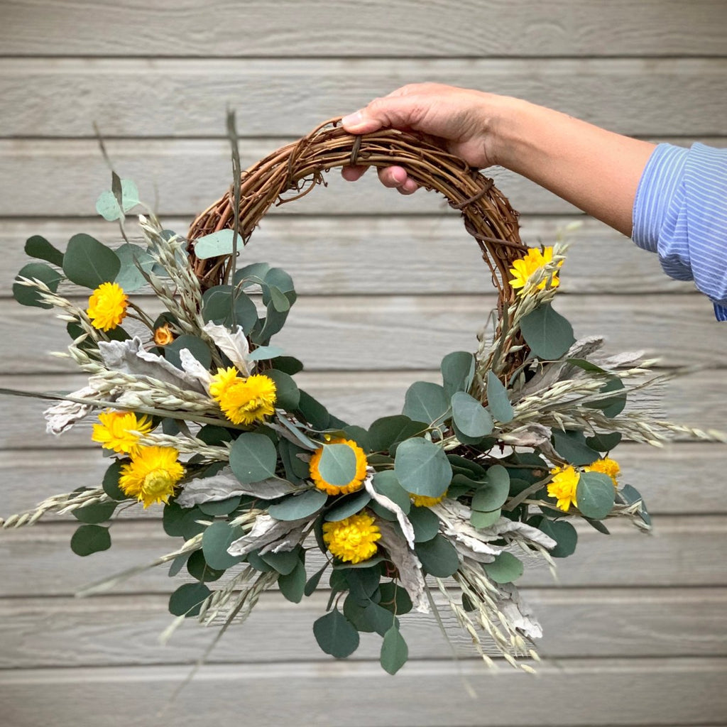 Eucalyptus Strawflower Wreath - Creekside Farms Beautiful combination of fresh eucalyptus and dried elements 18" Wreath