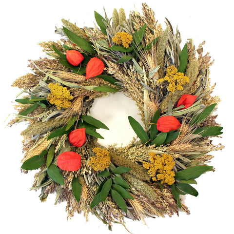 Fall Lantern Wreath - Creekside Farms Herbs, broom corn, bay and wheat with pops of color from lanterns & yarrow wreath 20"/26"