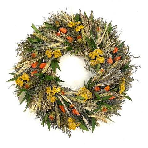 Fall Lantern Wreath - Creekside Farms Herbs, broom corn, bay and wheat with pops of color from lanterns & yarrow wreath 20"/26"