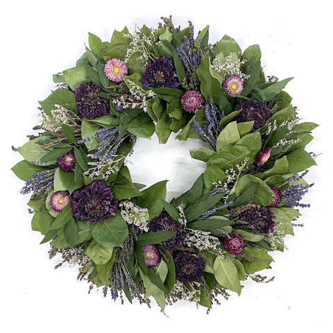 Field of Zinnias Wreath - Creekside Farms Beautiful combination of dried zinnias, lavender, strawflowers with salal and savory wreath 18"/22"