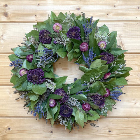 Field of Zinnias Wreath - Creekside Farms Beautiful combination of dried zinnias, lavender, strawflowers with salal and savory wreath 18"/22"
