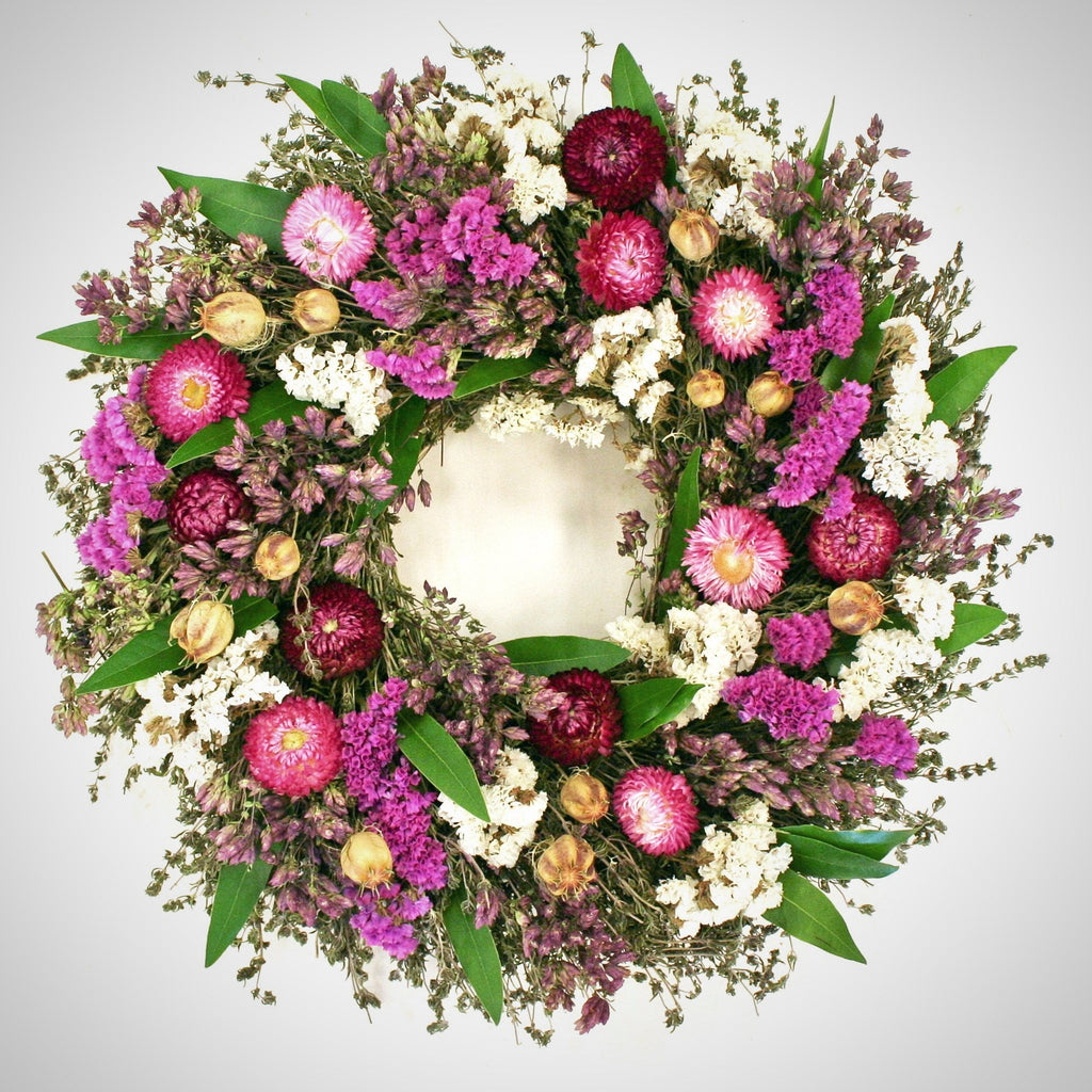 Floral Abundance Wreath - Creekside Farms Vibrant mix of dried flowers including strawflowers, nigella, and statice wreath 18"