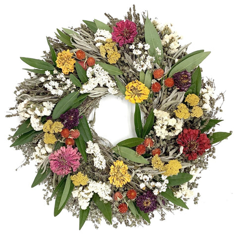 Floral Celebration Wreath - Creekside Farms Beautiful array of dried statice, yarrow, zinnias, bay and a mixture of herbs wreath 20"