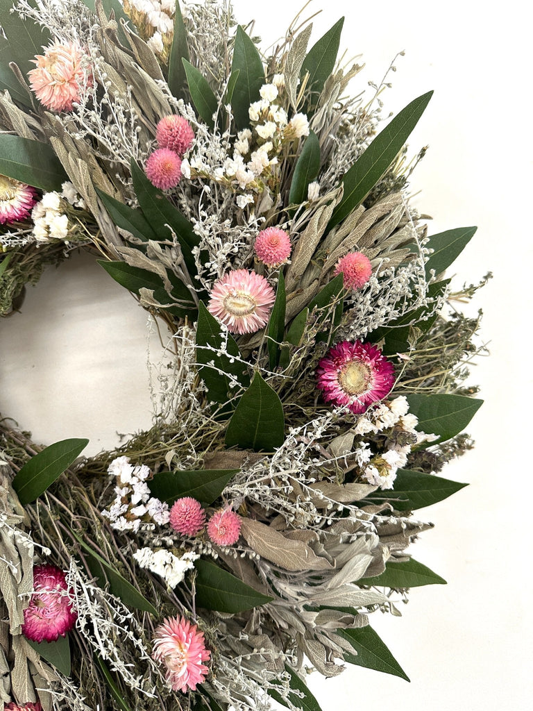 Floral Sweet Wreath - Creekside Farms Lovely combination of dried herbs, strawflowers, statice, globe amaranth, fresh bay wreath 18"