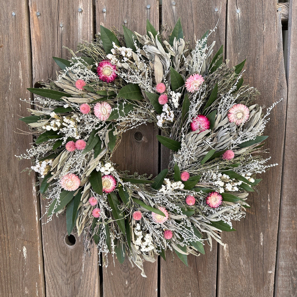 Floral Sweet Wreath - Creekside Farms Lovely combination of dried herbs, strawflowers, statice, globe amaranth, fresh bay wreath 18"