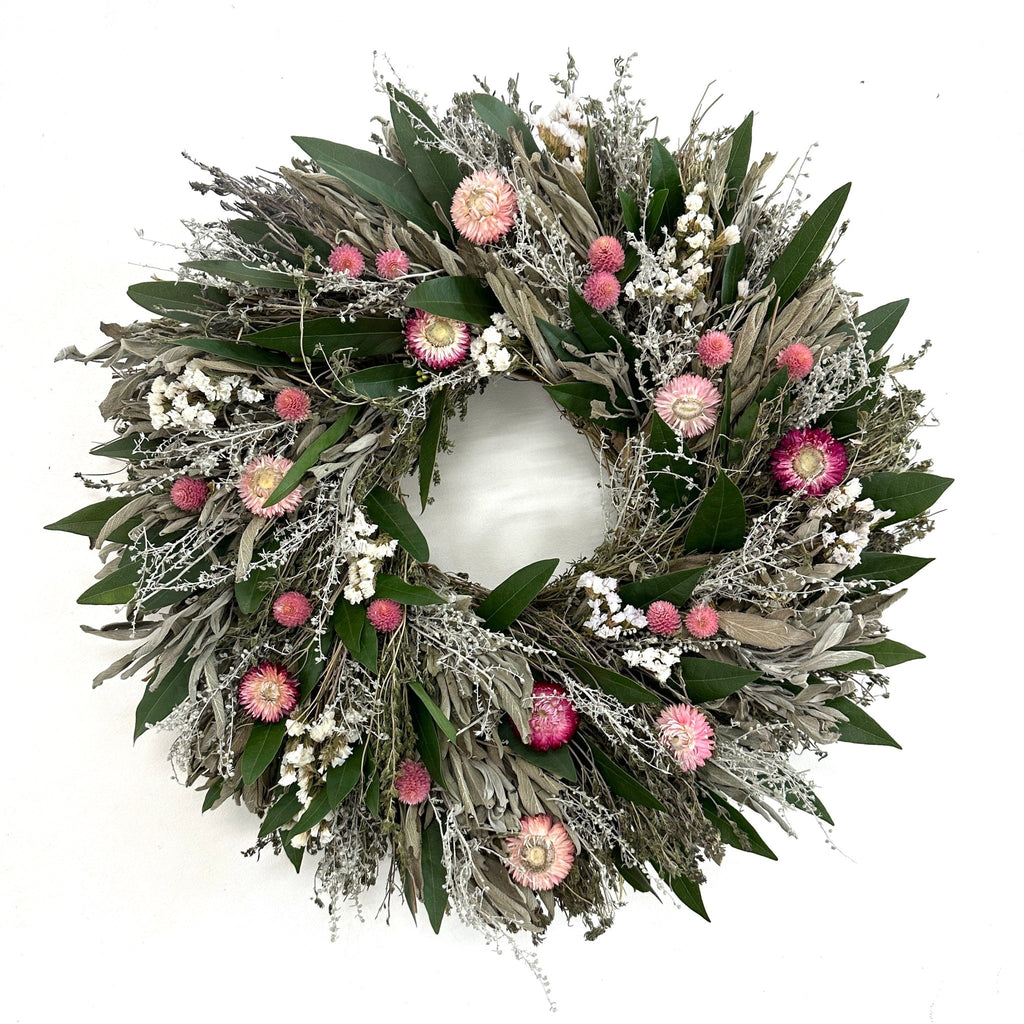 Floral Sweet Wreath - Creekside Farms Lovely combination of dried herbs, strawflowers, statice, globe amaranth, fresh bay wreath 18"
