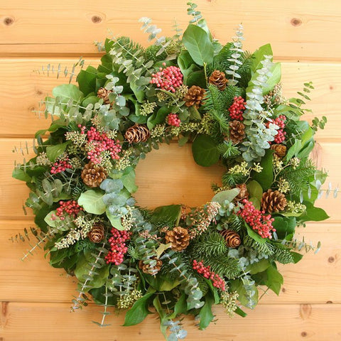 Fragrant Berries and Cones Wreath - Creekside Farms Stunning fresh & fragrant eucalyptus, fir & salal with pepper berries & pine cones wreath 20"/26"