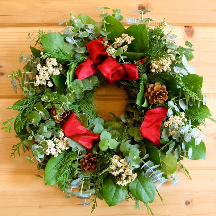 Fragrant Holiday Wreath - Creekside Farms Fresh salal, eucalyptus & cedar with white achilia of the pearl & pine cones wreath 16"/18"