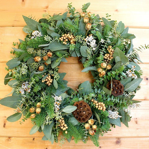 Fragrant Pod Wreath - Creekside Farms Beautiful fresh eucalyptus & fir adorned with dried flowers, pods and berries wreath 20"/22"/26"