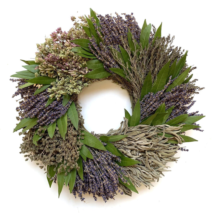 French Herb Wreath - Creekside Farms Artisan made with dried lavender, sage, savory, oregano and fresh bay wreath 16" or 20"