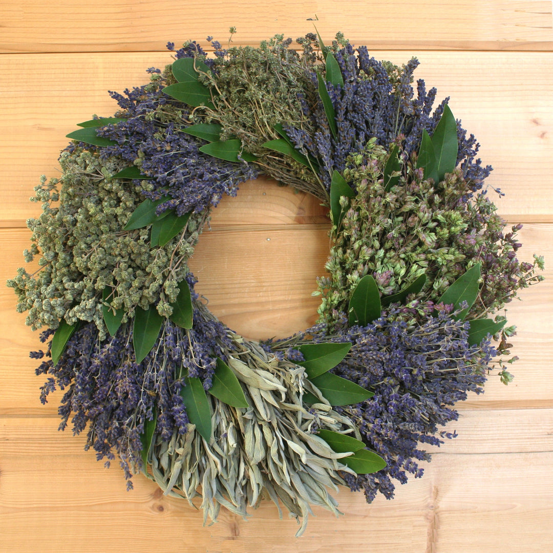 French Herb Wreath - Creekside Farms Artisan made with dried lavender, sage, savory, oregano and fresh bay wreath 16" or 20"