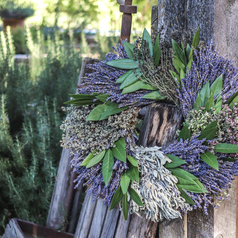 French Herb Wreath - Creekside Farms Artisan made with dried lavender, sage, savory, oregano and fresh bay wreath 16" or 20"