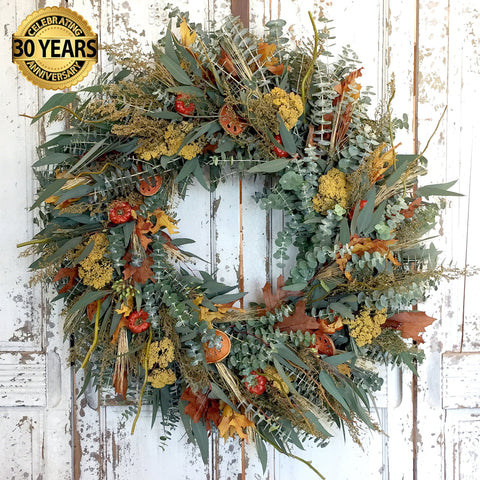 Fresh and Fragrant Anniversary Edition Wreath 30" - Creekside Farms Beautiful combination of eucalyptus and dried quince, wheat, peppers, sweet annie, and fall leaves wreath 30"