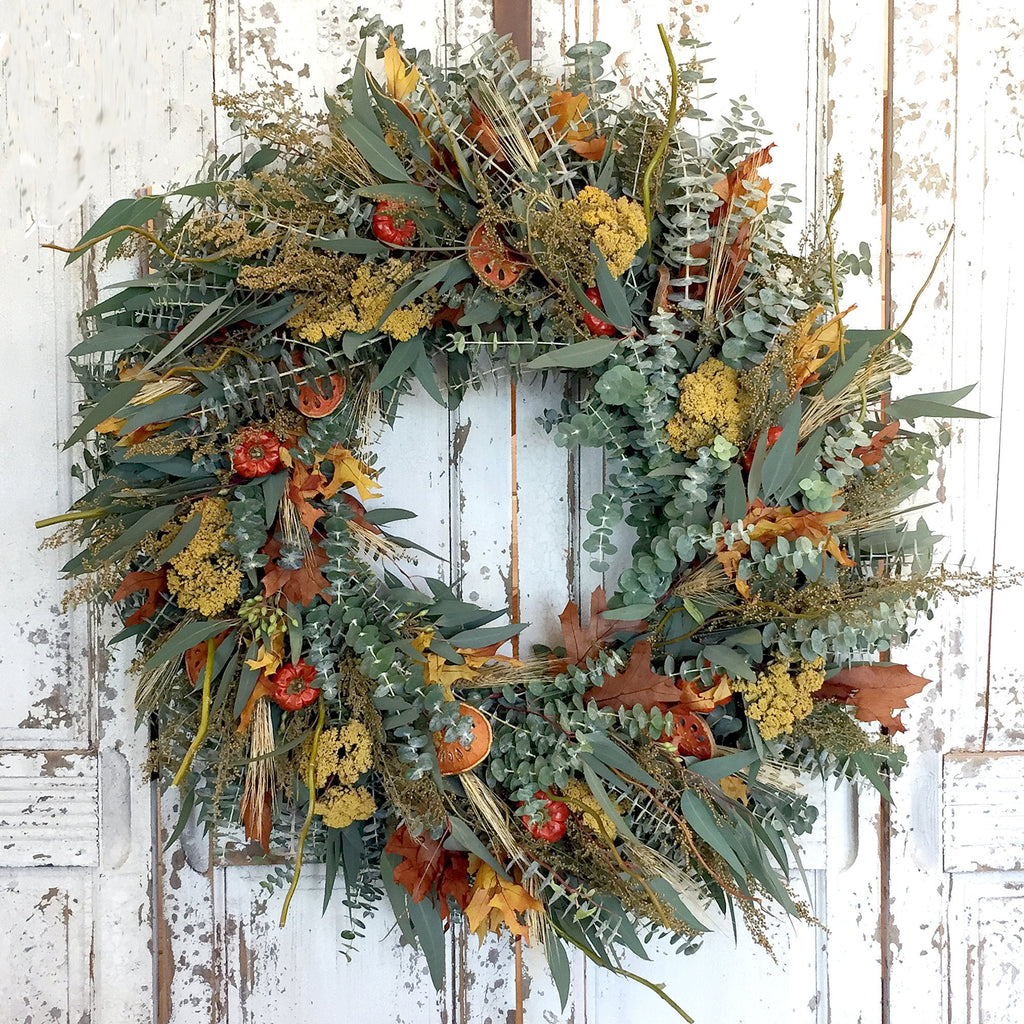 Fresh and Fragrant Wreath - Creekside Farms Eucalyptus, bay, quince slices, peppers, sweet Annie, leaves, wheat & willow wreath 16"/18"/22"/30"
