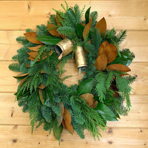 Fresh & Fragrant Bell Wreath - Creekside Farms Classic mixture of fresh fir, cedar, and magnolia adorned with two metal bells wreath 22"