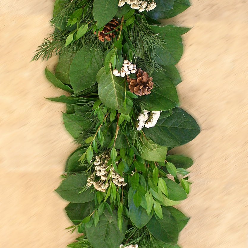 Fresh Winter Garland 6' - Creekside Farms Subtle blend of fresh salal, cedar & boxwood with pine cones, Larkspur & berries garland 6'