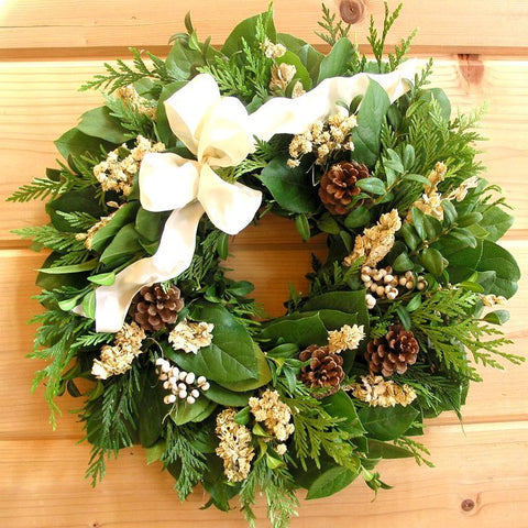 Fresh Winter Wreath - Creekside Farms Fresh salal, cedar & boxwood with pine cones, larkspur, berries & wired bow wreath 16"/18"/26"