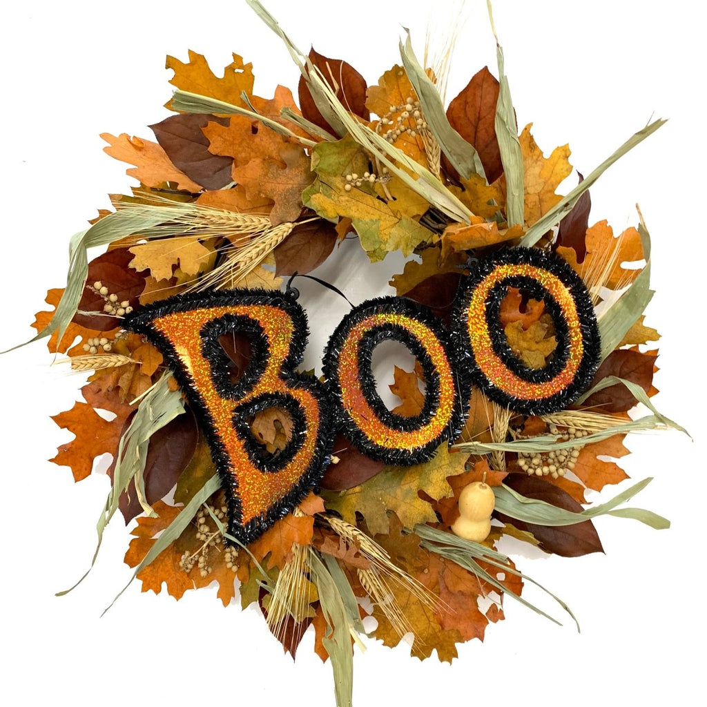 Halloween Boo Wreath - Creekside Farms Festive Halloween wreath with fall leaves and broom corn 19"