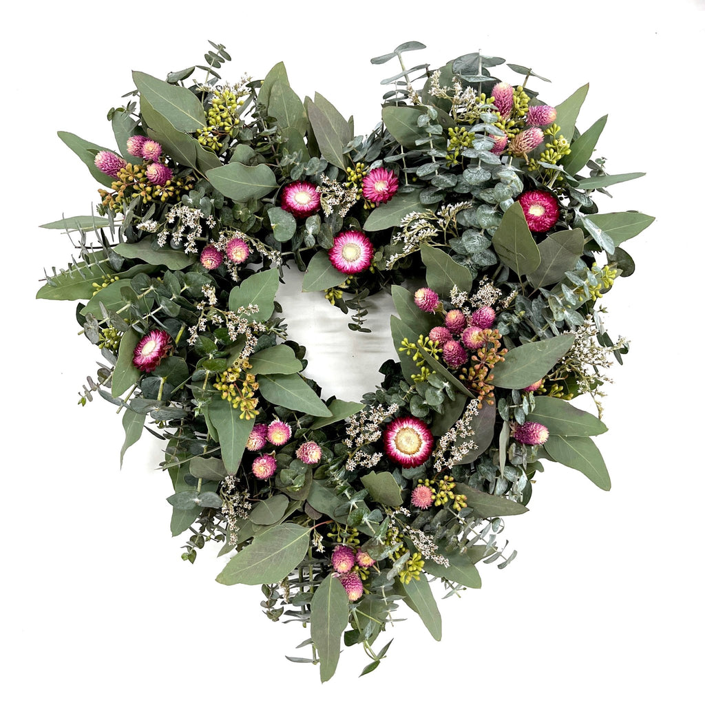 Hugs and Kisses Heart Wreath - Creekside Farms Fresh and fragrant combination of eucalyptus with pink and purple florals heart wreath 20"