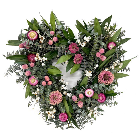 I Love You Heart Wreath - Creekside Farms Delightful mixture of fresh eucalyptus and bay, with strawflowers, globes and zinnias heart wreath 20"