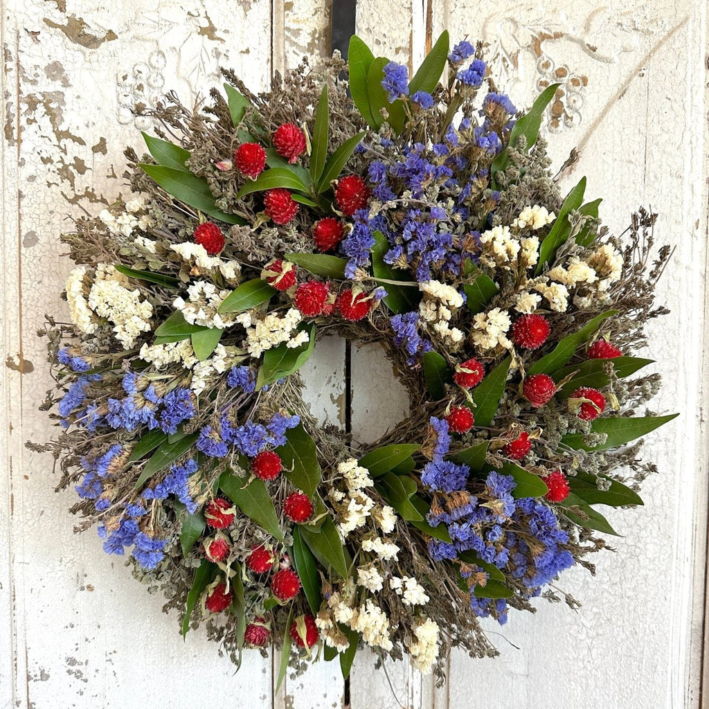 Independence Day Wreath - Creekside Farms Herbal wreath with bold red, white and blue flowers 16"