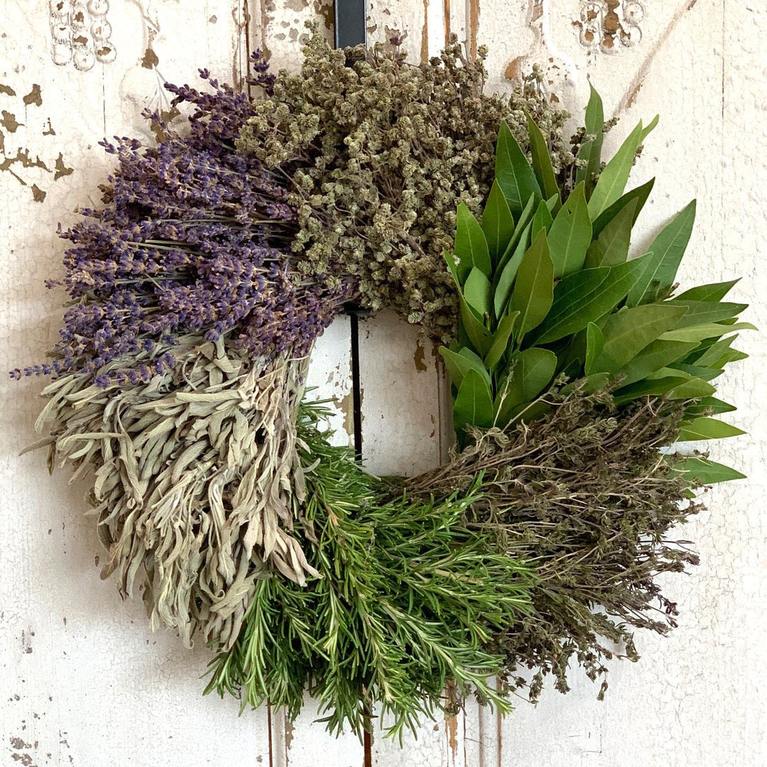 Kitchen Herb Wreath - Creekside Farms Natural handmade with fresh bay and rosemary, dried savory, marjoram, sage, lavender wreath 15"