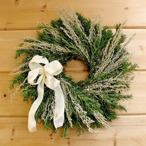 Lacy Fragrant Wreath - Creekside Farms Stunning use of Rosemary with lacy artemisia and ribbon wreath 18"