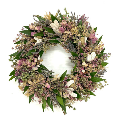 Lacy Oregano Wreath - Creekside Farms Elegant combination of oreganos, lacy moss, integrafolia, & bay on a twig base wreath 18"