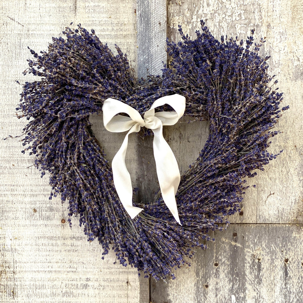 Lavender Heart Wreath - Creekside Farms Dried lavender heart shaped wreath with wired off-white bow ribbon 15"