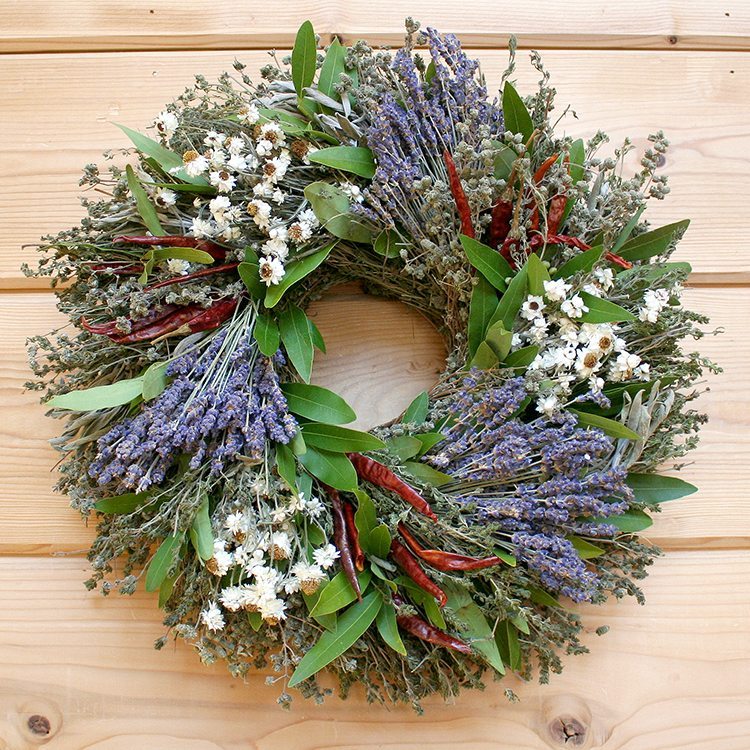 Lavender Herb Wreath - Creekside Farms Handmade herbal wreath with lavender, chilis, ammobium, sage, marjoram & bay 16"