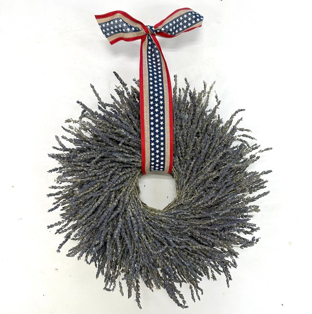 Lavender Independence Wreath - Creekside Farms Lavender wreath with Patriotic wired ribbon 16"