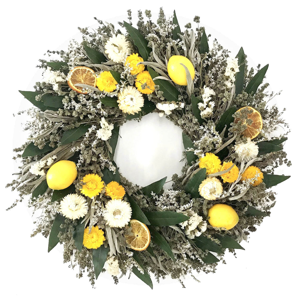 Lemon Floral Wreath - Creekside Farms Vibrant strawflowers, marjoram, savory, orange slices & statice w/ bay & faux lemons wreath 18"