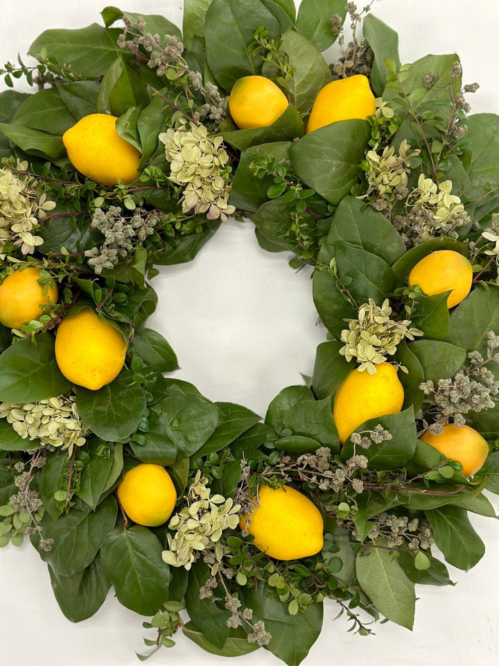 Lemon Hydrangea Wreath - Creekside Farms Beautiful combination of fresh boxwood and salal with sweet hydrangea and faux lemons wreath 20"