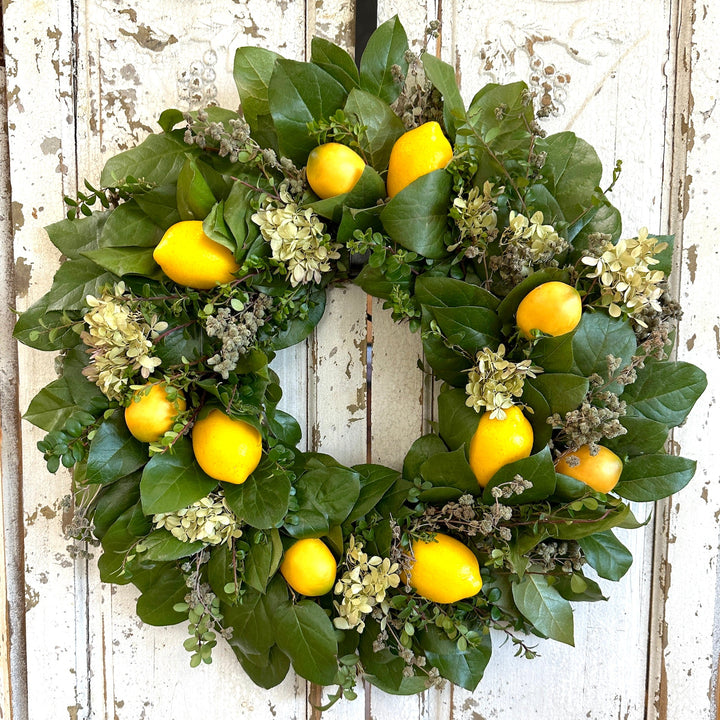 Lemon Hydrangea Wreath - Creekside Farms Beautiful combination of fresh boxwood and salal with sweet hydrangea and faux lemons wreath 20"