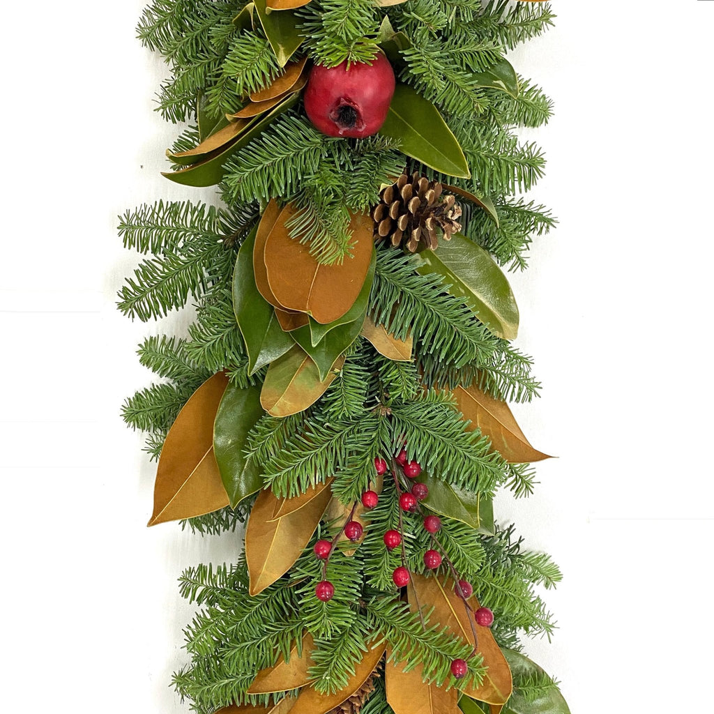 Magnolia and Fir Garland 6' - Creekside Farms Beautiful mix of fresh magnolia & fir with pine cones, faux berries & pomegranates garland 6'