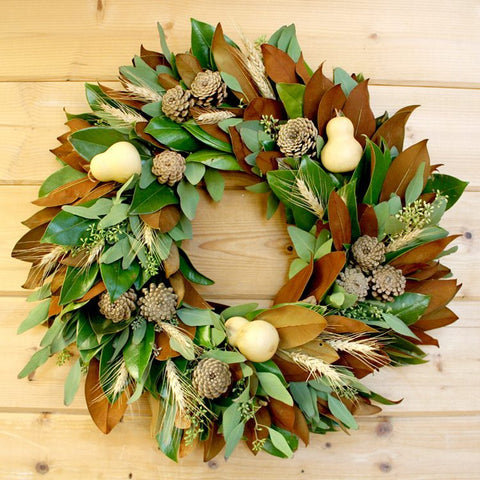 Magnolia Gourd Wreath - Creekside Farms Fresh magnolia & eucalyptus with dried wheat, pine cones & natural gourds wreath 20"/22"