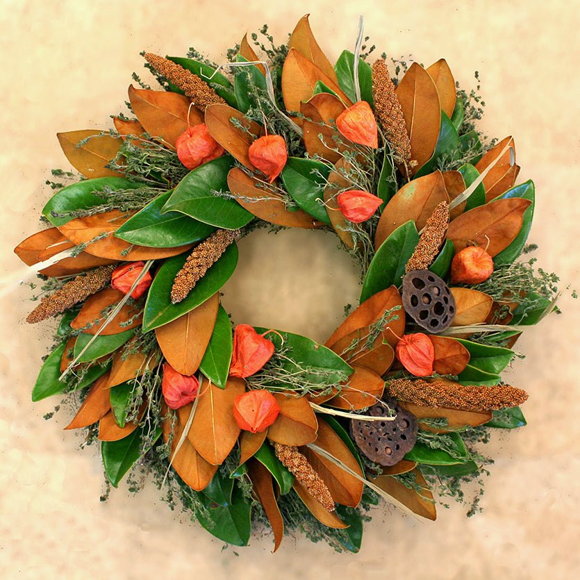 Magnolia Lantern Wreath - Creekside Farms Beautiful magnolia, savory & Japanese lanterns with pods, grasses & wheat wreath 20"