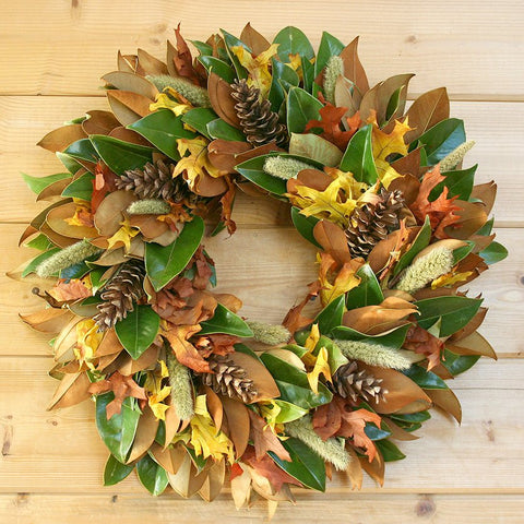 Magnolia Pine Cone Wreath - Creekside Farms Lovely magnolia, preserved fall leaves and pine cones wreath 22"