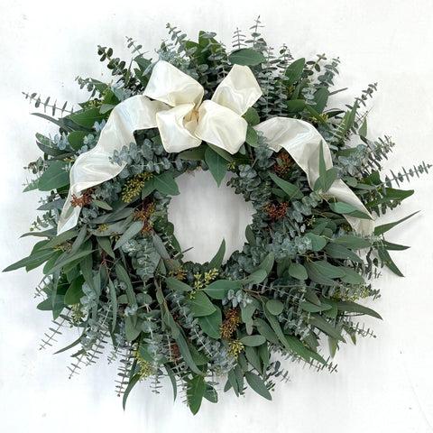 Mixed Eucalyptus Wreath - Creekside Farms Handmade with fresh and fragrant mixed eucalyptus and wired ribbons wreath 22"/26"