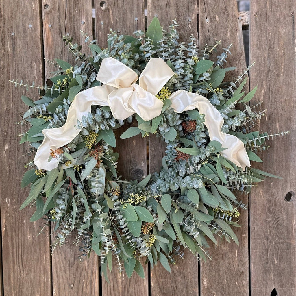 Mixed Eucalyptus Wreath - Creekside Farms Handmade with fresh and fragrant mixed eucalyptus and wired ribbons wreath 22"/26"