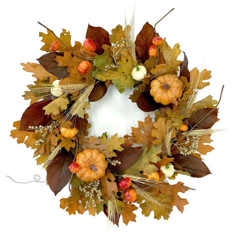 Mixed Pumpkin Wreath - Creekside Farms Pumpkin wreath made with Autumn leaves, faux pumpkins, wheat wreath 19"