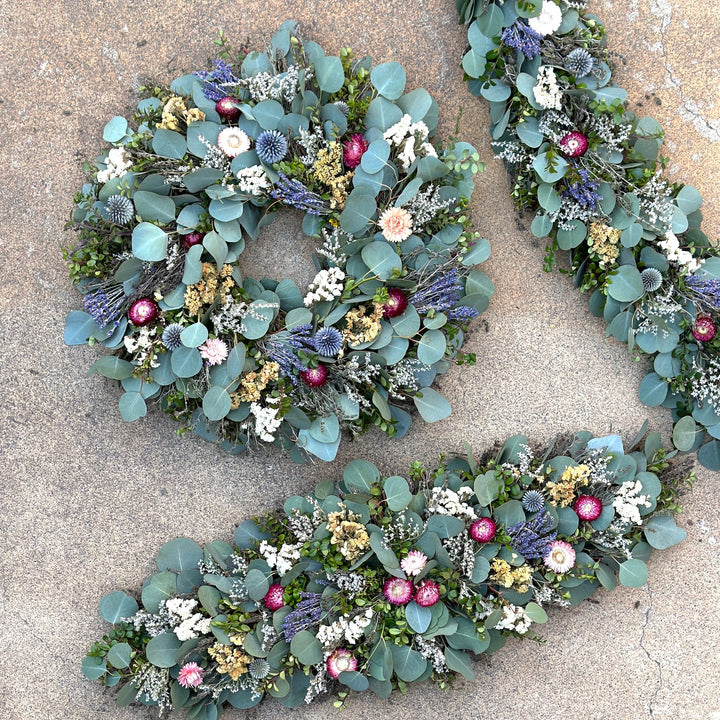 Botanical wreath, Garland, and centerpiece Creekside Farms Beautiful combination of fresh eucalyptus and boxwood with dried lavender and sweet flowers garland 6'